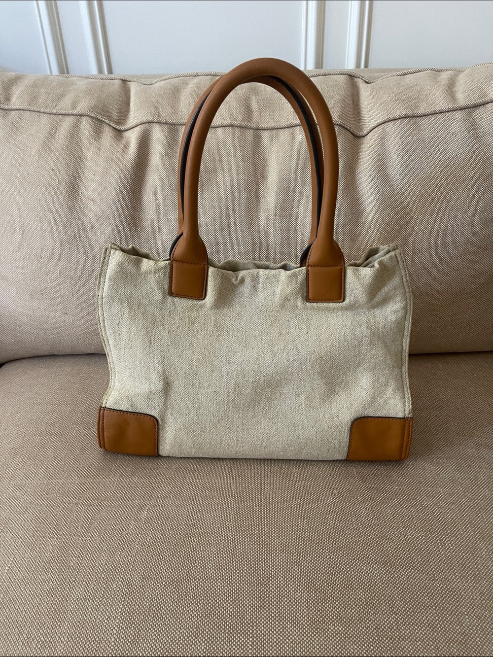 Tory Burch Canvas Tote with Multicolor Embroidered Medallion & Tan Trim - Picture 4 of 10